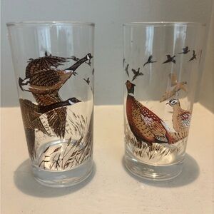 Vintage Mid Centey Modern Set of 2  pheasant/geese Wildlife tall glasses Mancave